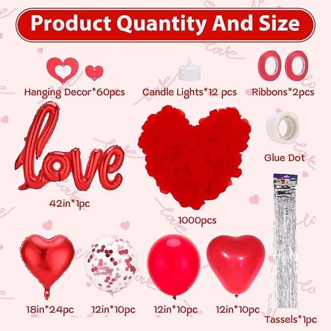 Red Valentines Day Decorations with Red Heart Balloons and Love Balloon, 12 Romantic Candles with 1000 Fake Rose Petals for Special Night, Wedding Anniversary Engagement Romantic Decorations