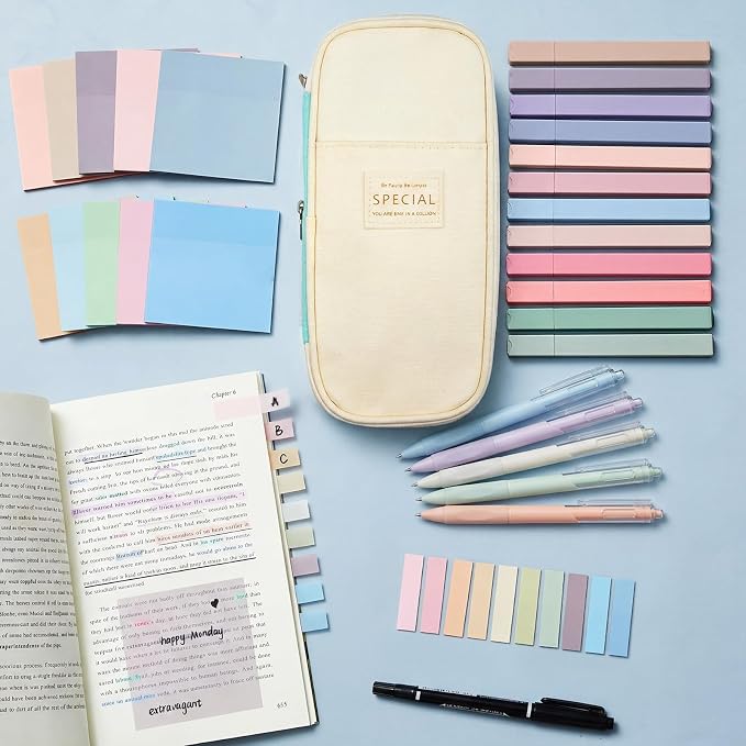 Jutom 39 Pcs Aesthetic Book Annotation Kit Highlighter with Case Bag Gel Pen Transparent Sticky Note Taking Bible Supplies(Mint Green,Cute Style)