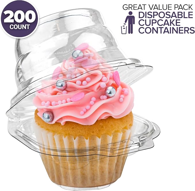 Stock Your Home Individual Plastic Cupcake Containers Disposable with Connected Airtight Dome Lid (200 Count) Clear Single Cupcake Container, BPA Free