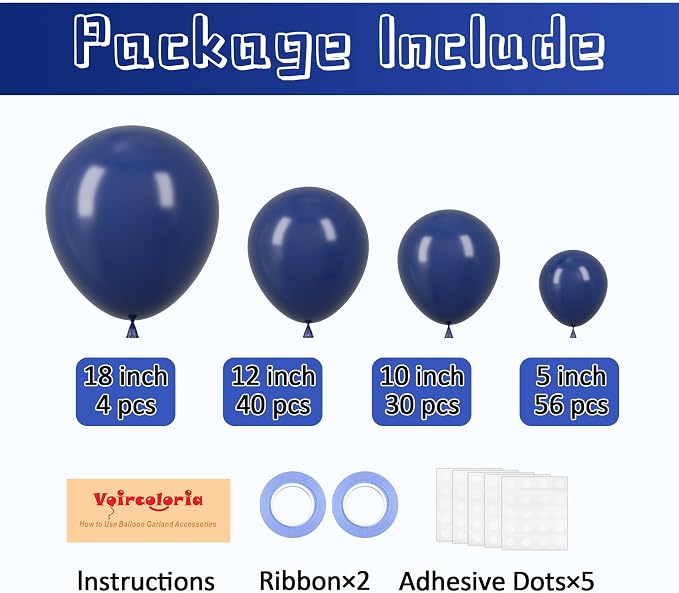 Voircoloria 130pcs Navy Blue Balloons Different Sizes 18" 12" 10" 5" Dark Blue Balloons for Birthday Graduation Baby Shower Anniversary New Year Party Holiday Decorations