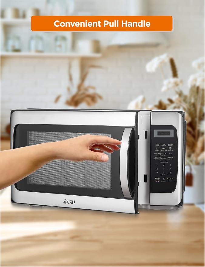 COMMERCIAL CHEF 1.1 Cu Ft Microwave with 10 Power Levels, Microwave 1000W with Push Button Door Lock, Countertop Microwave with Turntable and Digital Controls, Stainless Steel