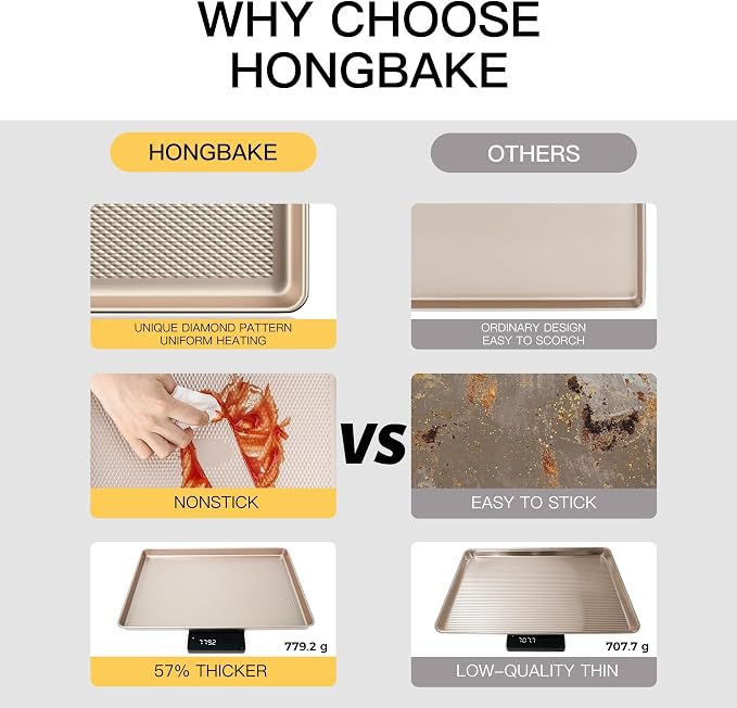 Jelly Roll Pan 15x10 - HONGBAKE Commercial Cookie Sheets for Baking with Diamond Texture Surface, 57% Thicker Carbon Steel Baking Sheet for Oven, Nonstick Cooking Tray