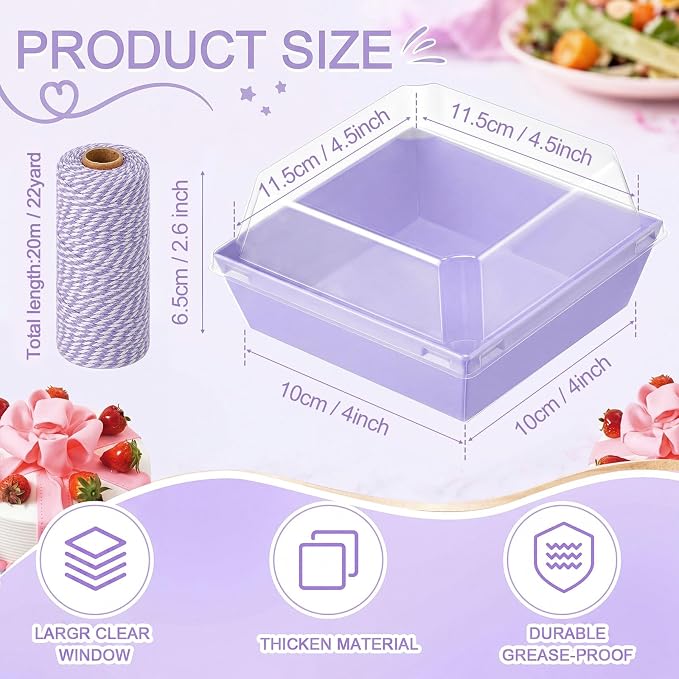 Jetec 50 Pack Charcuterie Boxes with Clear Lids and Rope 4 Inches Cake Disposable Square Dessert Food Box Containers with Lids for Bakery Macaron Cookies Strawberries Fruits Display (Light Purple)