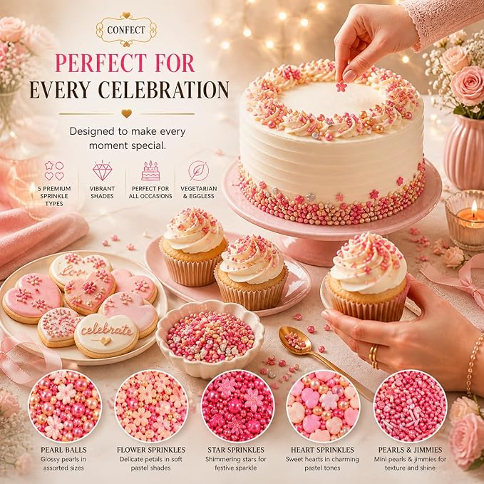 Confect Pretty in Pink, Gold & White Flower & Pearl Sprinkles Mix – Heart & Star Edible Sprinkles for Cakes, Cupcakes, Cookies – Valentine’s Day Baking Decorations – Pack of 5 - Vegan, Gluten-Free, Nut-Free, Soy-Free, Dairy-Free, Palm Oil-Free- 5 Oz