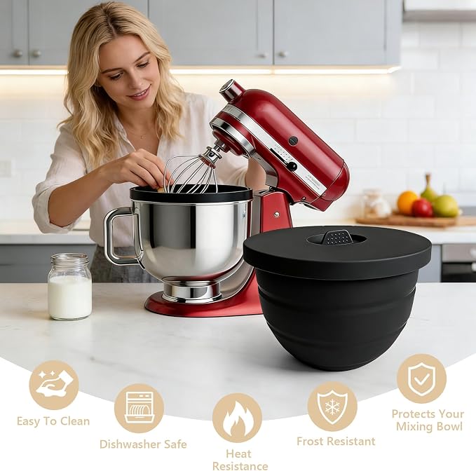 Silicone Mixing Bowl Liners Compatible with KitchenAid 5Qt Tilt-Head Stand Mixer, Food Grade Collapsible Bowl Inserts with Airtight Lids, Foldable & Reusable Mixer Accessories for Baking,Black