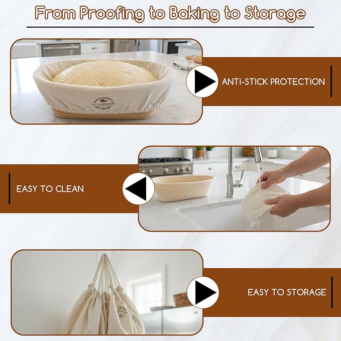 Natural Cotton Bread Basket Liner Cloth: 10 Inch Reusable Oval Proofing Liner for Banneton, Handmade Washable Fabric with Sourdough Baking Kit, Gift for home Baker Set of 6