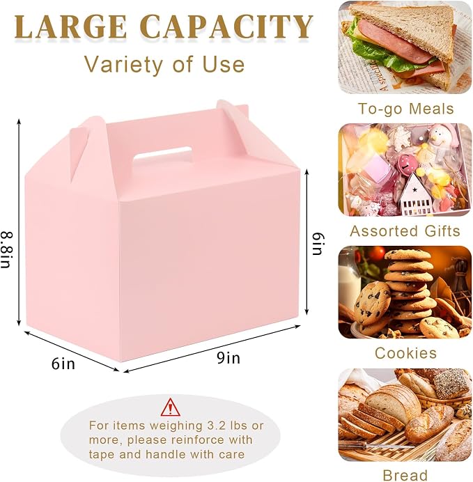 TryDrem Large Gable Boxes with Handles, 10 PCS 9x6x6 Inch Spacious Capacity Party Favor Boxes, Pink Treat Box for Gifts, Bread, Cookies, Lunch, Bakery, Wedding, Birthday, Picnic