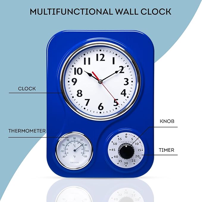 Lily's Home - 9 Inch x 12.5 Inch- Retro Kitchen Wall Clock, Vintage Wall Clock with a Thermometer and 60-Minute Timer, Ideal for Any Kitchen, Office, or Diner (Dark Blue)