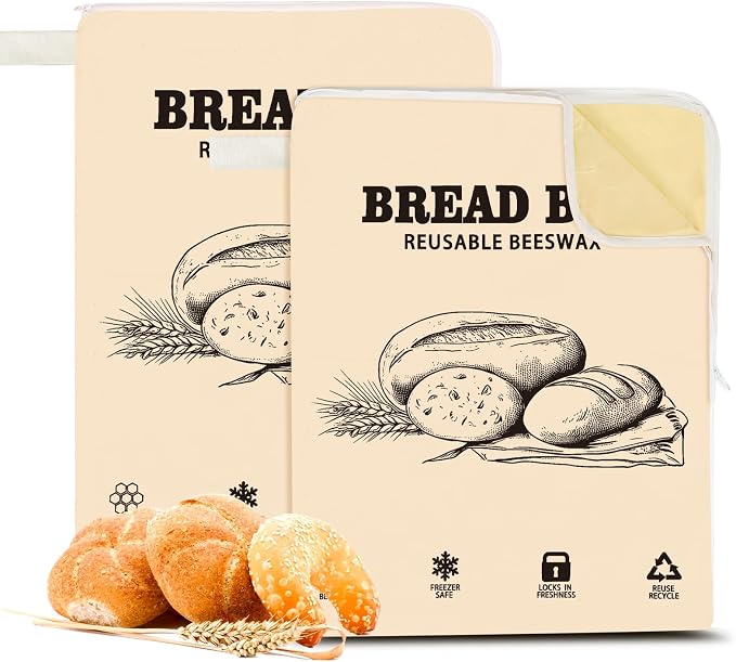 2 Pack Wide Zipper Access Beeswax Bread Bags for Sourdough Bread, Reusable Organic Linen Beeswax Bread Bag for Homemade Sourdough for Homemade Bag to Keep Fresh Longer (Beige-1)"