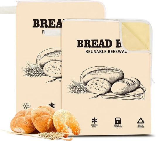 2 Pack Wide Zipper Access Beeswax Bread Bags for Sourdough Bread, Reusable Organic Linen Beeswax Bread Bag for Homemade Sourdough for Homemade Bag to Keep Fresh Longer (Beige-1)"