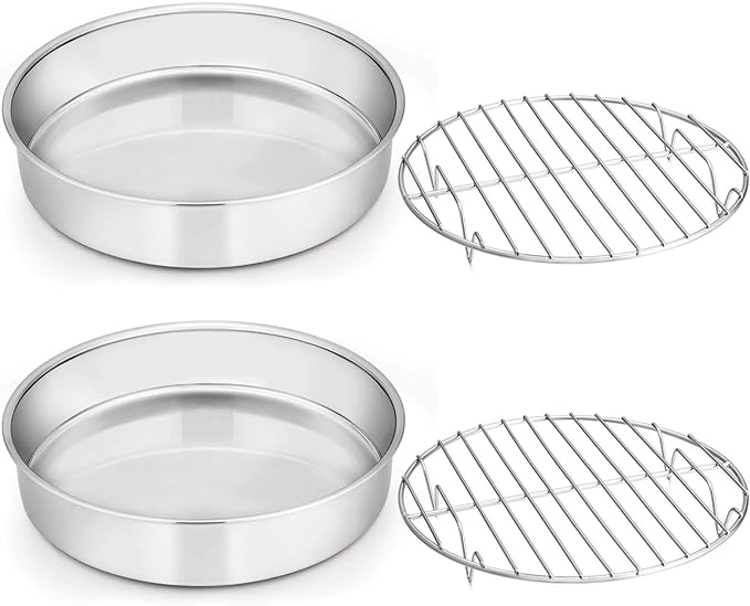 E-far 9½-inch Cake Pan with Rack Set, Stainless Steel Round Cake Pans and Baking Cooling Racks, Non Toxic & Healthy, Mirror Polished & Dishwasher Safe - 4 Pieces (2 Pans + 2 Racks)