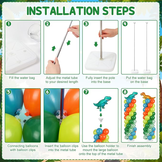 Skylety 2 Sets Dinosaur Balloon Column Stand Kit Adjustable Dino Green Orange Blue Balloon Tower Stand with Bases for Jungle Dino Birthday Wedding Graduation Party Baby Shower Decorations Supplies