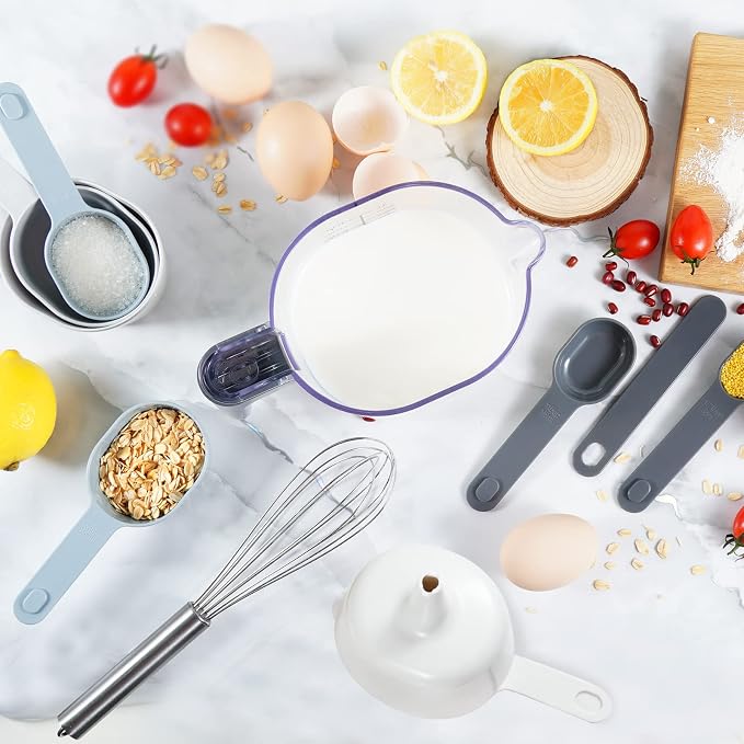 18 Pieces Measuring Cups and Spoons set, Includes 10 Stackable Measuring Cup with Lid and 8 Magnetic Measuring Spoons, for Liquid and Dry Ingredient, BPA Free (White)