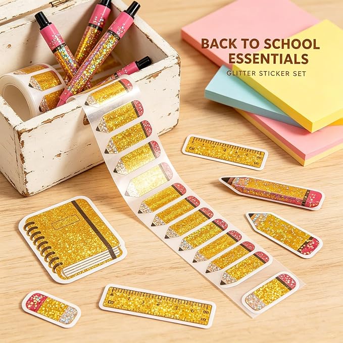 500Pcs Back to School Stickers Roll Glitter Pencil Stickers Holographic Self Adhesive Envelope Decals for First Day of School Labels Sticker Scrapbook Scrapbook School Party Supplies