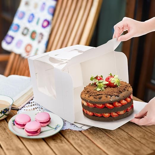 40 Pack Cake Boxes with Boards (20 Boxes + 20 Boards), 8 x 8 x 5.5 Inch Bakery Boxes with Clear Window, Stickers, Disposable Tall Square Cake Container for Cake, Donut, Pie