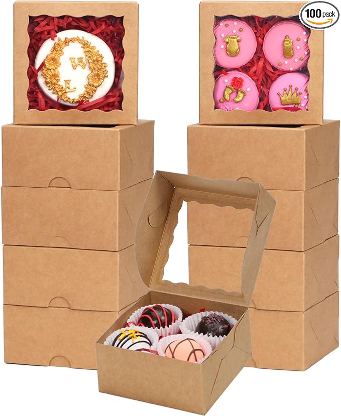 100-Pack 4x4x2 Inches Brown Bakery Boxes - Treat/Cookie/Truffle Boxes for Mini Cakes, Pies & Cinnamon Rolls - Wedding Party Favor Packaging