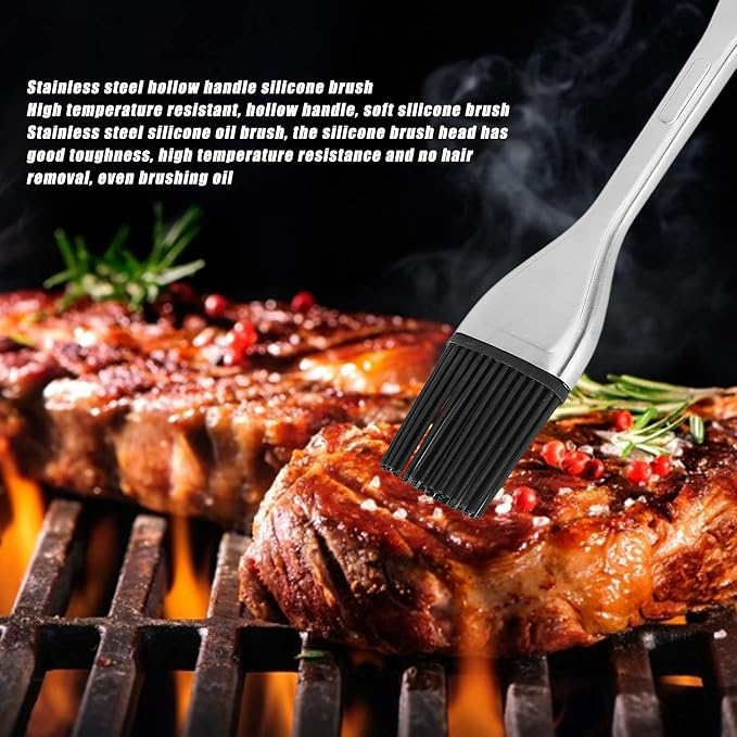 Silicone Basting Brush with Stainless Steel Handle - Heat Tolerant Up to 450°F for Grilling/Baking/Cooking - Non Shed Oil & Sauce Brush, Dishwasher Safe (New black handle)