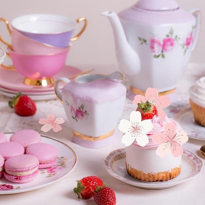 60 Pcs Edible Cherry Blossom Cake Decorations Edible Flowers Cupcake Topper Wafer Paper Flowers Cake Toppers for Cherry Baby Shower Kids Birthday Party Food Decorations Supplies Pink