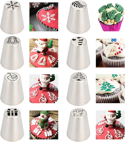 8PCS Christmas Russian Icing Tips Set, Stainless Steel Piping Nozzles for Cake, Cupcake Cookie Decorating – Includes 8 Creative Festive Frosting Tips with Christmas Designs