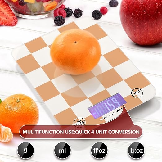 Checkered Orange and White Food Scale Kitchen Scale for Baking Cooking Digital Food Weighing Measuring Scale Small Waterproof Electric Food Scales Grams and Ounces for Weight Loss