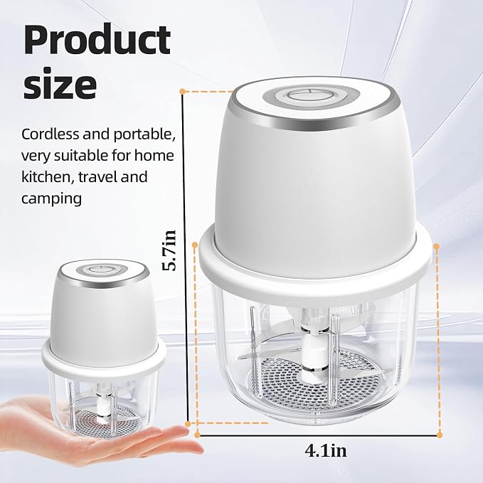 Electric Mini Garlic Chopper, Mini Food Chopper & 350ml Portable Cordless USB Rechargeable Garlic Chopper, Best Mini Chopper for Onion, Herb, Nut, Easy to Clean Glass Container （White)
