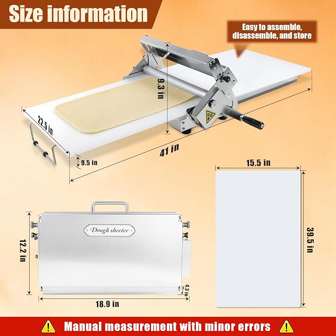 Folding Dough Sheeter (15.5")，Dough Sheeter，Manual Dough Sheeter，Commercial Dough Roller Sheeter，55 thickness options，Suitable for pizza, croissants, puff pastry, Stainless Steel（1 Rolling Boards）