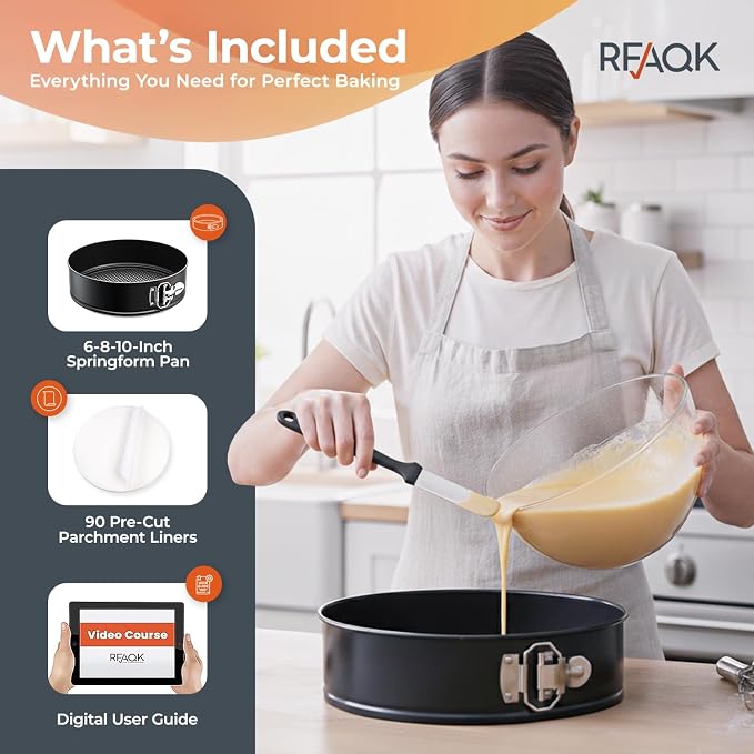 RFAQK Springform Pans Set of 3 - Non-Stick Leakproof Round Cheese Cake Pans 6" 8" 10" for Baking with 90 Pcs Parchment Paper Liners and Ebook - Perfect for Cheesecakes, Layer Cakes Baking, & More!