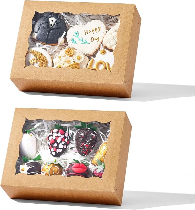 25 Pcs8 x6 x2.5 Brown Cookie Boxes with Window, Gift-Ready Pastry Box for Chocolate Strawberries, Macarons, Truffles, Perfect for Thanksgiving Day,Father's Day, Christmas Party Favors