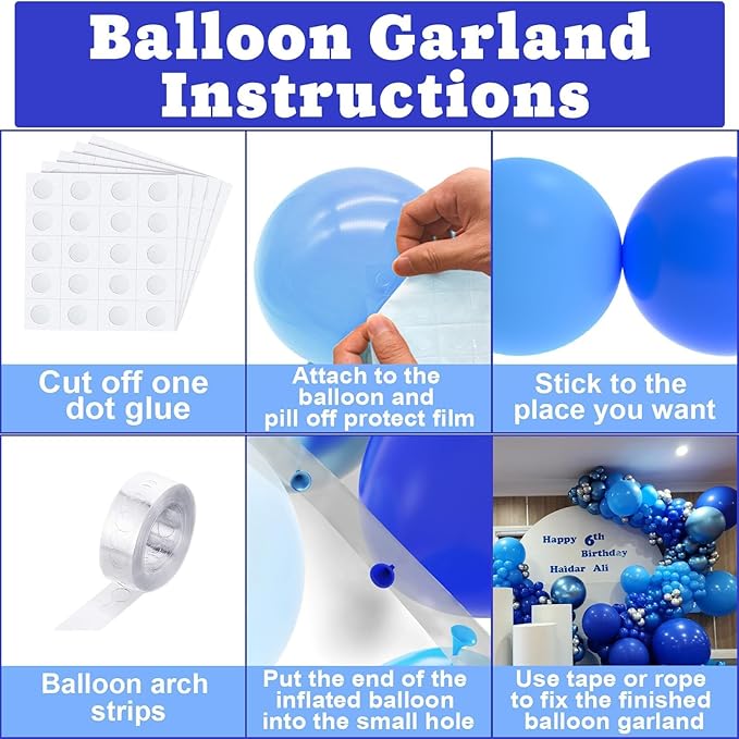 NISOCY 124Pcs Blue Balloons Garland Arch Kit, 18In 12In 10In 5In Baby Light Blue Royal Blue Metallic Blue Balloons for Baby Shower Birthday Baseball Nautical 4th of July Independence Party Decorations
