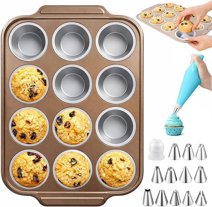 12-Cup Silicone Muffin Pans with Steel Frame, Nonstick Bakeware, Reusable Cupcake Pans with 12 Piping Nozzles & Bag for Baking | Silicone Muffin Pans for Cupcakes & Muffins