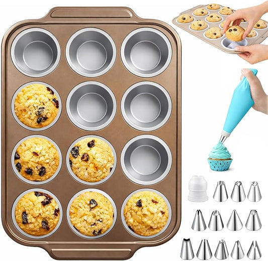 12-Cup Silicone Muffin Pans with Steel Frame, Nonstick Bakeware, Reusable Cupcake Pans with 12 Piping Nozzles & Bag for Baking | Silicone Muffin Pans for Cupcakes & Muffins