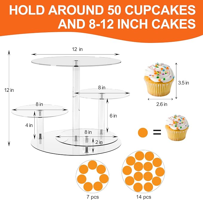 YestBuy Cupcake Stand, Round Cake Stand, 4 Tier Cupcakes and Cakes Comb for 8-12 Inch Cakes, Tiered Cupcake Tree Tower, Clear Dessert Display Stand for Dessert Table Wedding Birthday Party