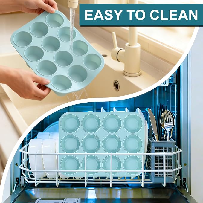 CAKETIME Silicone Muffin Pan, Regular Size 12 Cups Non Stick Cupcake Pan for Baking, Light Blue
