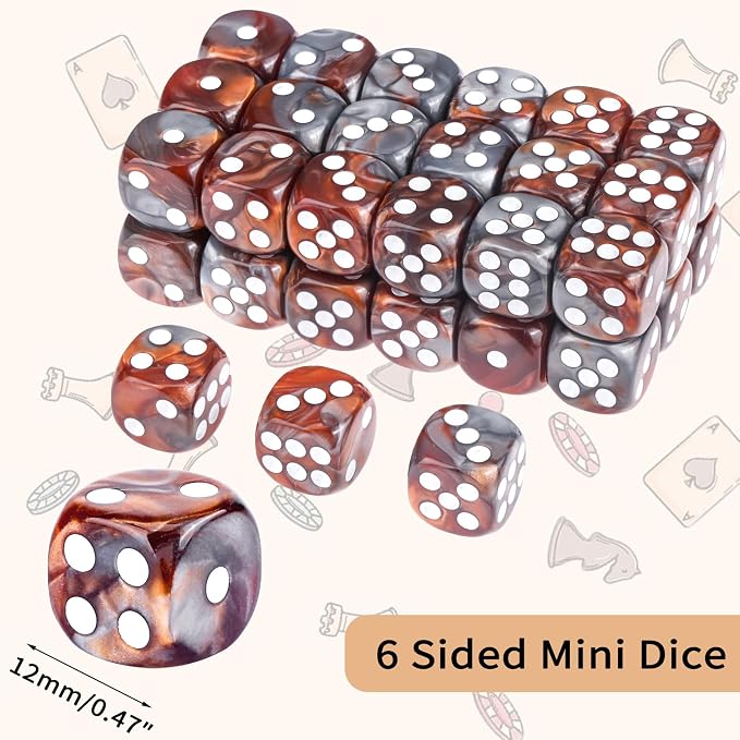 36 of Pack 12MM 6 Sided MINI Dice Set,Two Colours D6 Game Dice Set, 6 Sided Standard Dices for Yahtzee, Bunco or Teaching Math,with Portable Plastic Box(Silver Brown)