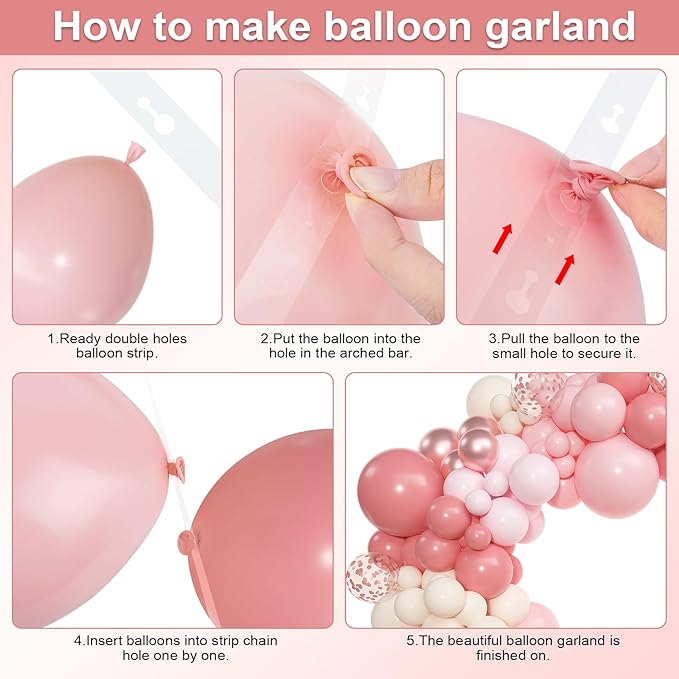 Amandir 153pcs Dusty Pink Balloon Garland Arch Kit, Different Sizes 18 12 10 5 inch Retro Pink Sand White Latex Confetti Balloons for Women Bridal Shower Birthday Party Decorations