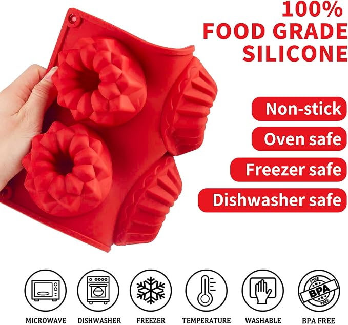 Mini Bundt Cake Pan,6-Cavity Fluted Tube Cake Pan, Non Stick Silicone Fancy Baking Molds for jello, Cupcake, Doughnut, Cornbread, Brownie (Red,Set of 3)