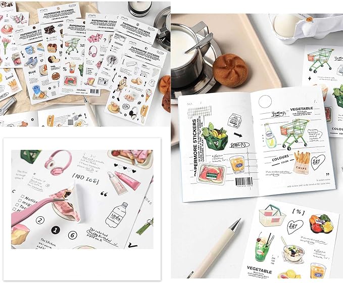 Maxleaf 12Sheets Vintage Adhesive Stickers for Scrapbook Decoration, Retro Foods Bread Fruits Bagel Convenience Store Stickers for Daily Life Diary Album Decoration