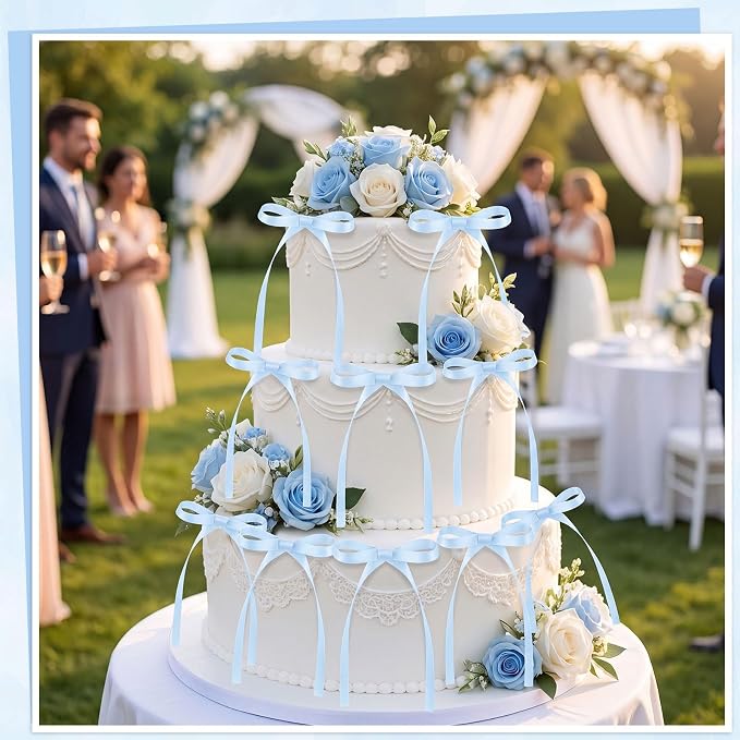 30 Pack Bow Cake Toppers Light Blue Ribbon Bows for Cake Baby Blue Bow Birthday Decorations for Baby Shower, Wedding, Bachelorette, Summer Pool Party Decorations