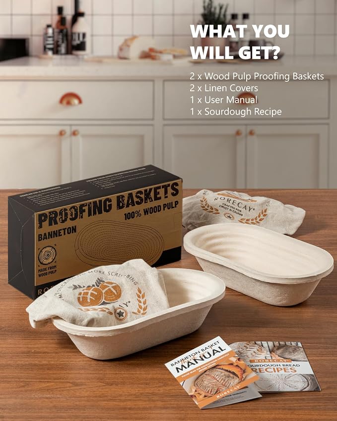 Wood Pulp Banneton Bread Proofing Baskets Set of 2, 11 Inch Oval 1.65LB Sourdough Banneton Basket with Liner, Non-Stick Dough Proofing Bowl for Rising and Baking