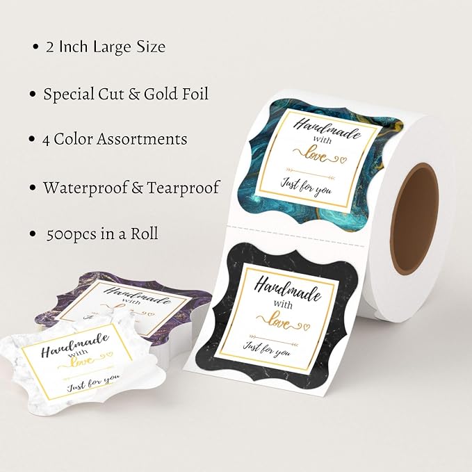 Mobiusea Creation Handmade with Love Stickers Roll | 2 inch Elegant Special Cut | Waterproof 500 Labels for Homemade Goods, Handmade Stickers, Small Business Supplies, Soap Candle Canning Supplies
