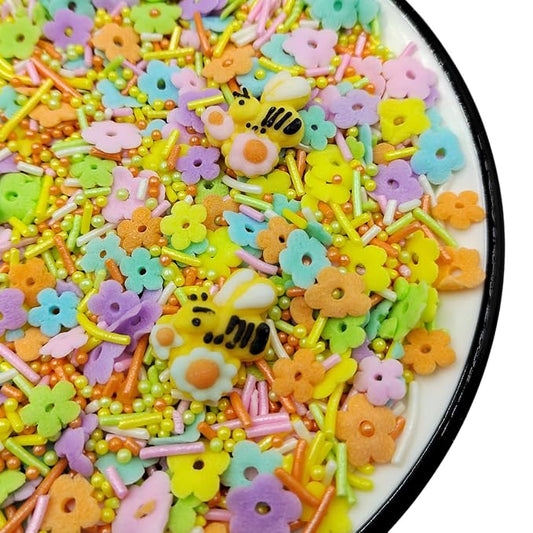 Edible Flower Sprinkles, Spring Colorful Sprinkles for Cake Decorating, Easter Sprinkle with Bees jimmies Pearls for Baking Cookie, Cupcake Toppers, Ice Cream Topping, and Birthday Decorations