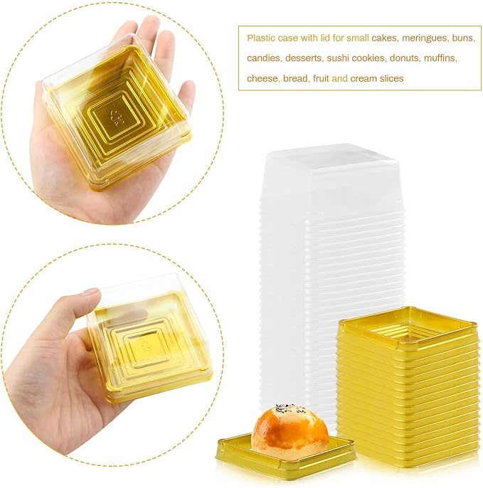 100 Set 3" Mini Cupcake Containers Plastic Square Containers with Lids Cupcake Boxes Muffin Pod Dome Muffin Single Individual Container Box for Wedding Birthday Gifts Supplies (Golden)
