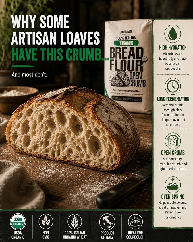 Polselli Organic Bread Flour, High-Extraction Type 1 Wheat Flour, 5 kg | High-protein Italian organic wheat flour for sourdough and artisan breads; unbleached, unbromated, non-GMO, no enzymes