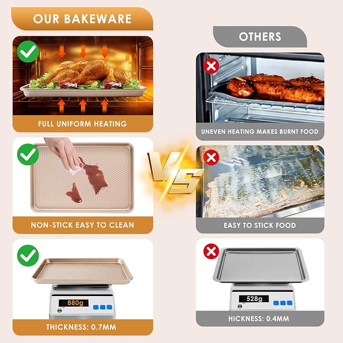 Baking Sheet Pan Set of 3, Nonstick Carbon Steel Cookie Sheets with Texture | Commercial Half/Quarter/Jelly Roll Pans Replacement Toaster Oven Tray, Heavy Duty & Easy Clean, Rose Gold