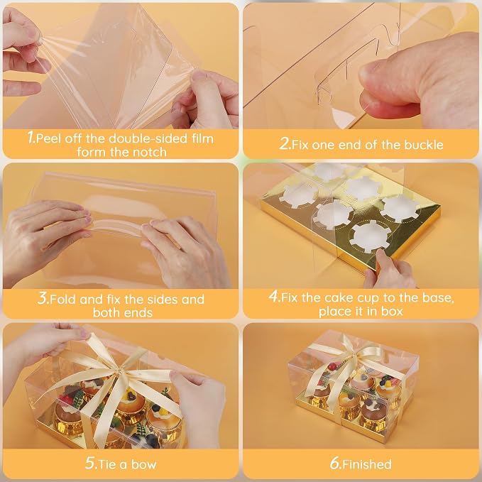 EUSOAR Gold Cupcake Boxes, 6 Pack Clear Muffins Pastry Container 6 Count with Gift Ribbon, Rectangle Bakery Cookies Dessert Holder Disposable Pastry Mini Cake Carrier for Wedding Party Favor Decor