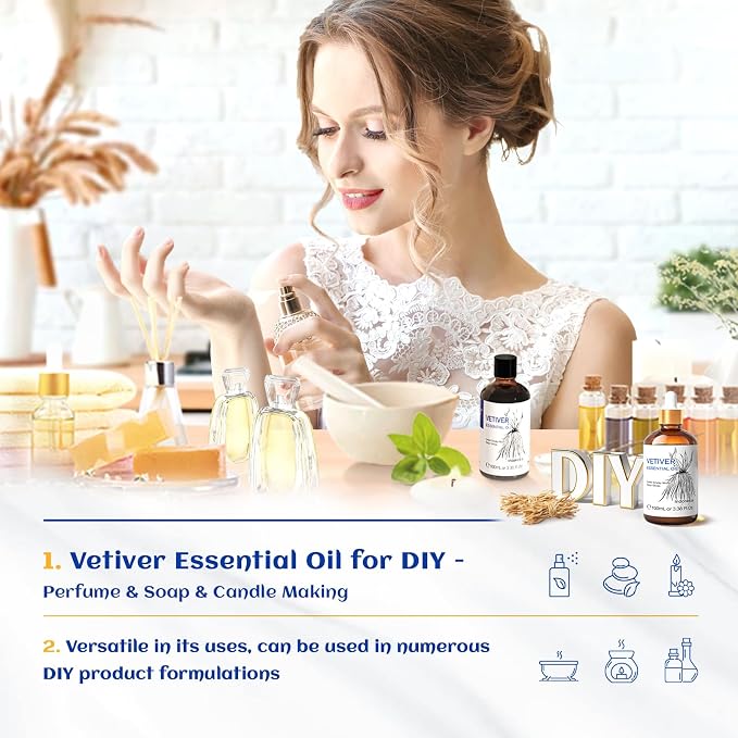 HIQILI 100ML Vetiver Essential Oil, for Diffuser Calm and Relation- 3.38 Fl Oz