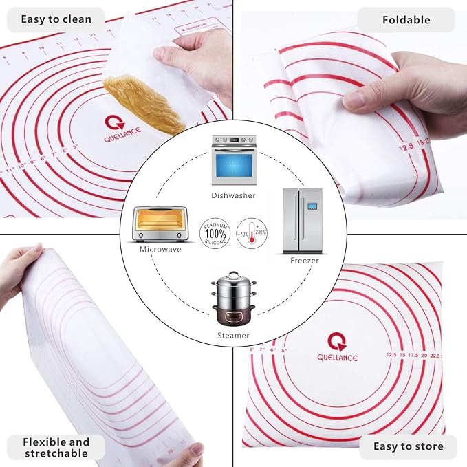 Rolling Pin and Pastry Baking Mat Set, Rolling Pins with Adjustable Thickness Rings, Stainless Steel Dough Roller for Baking Fondant, Pizza, Pie, Pastry, Pasta, Cookies (Red Mat)