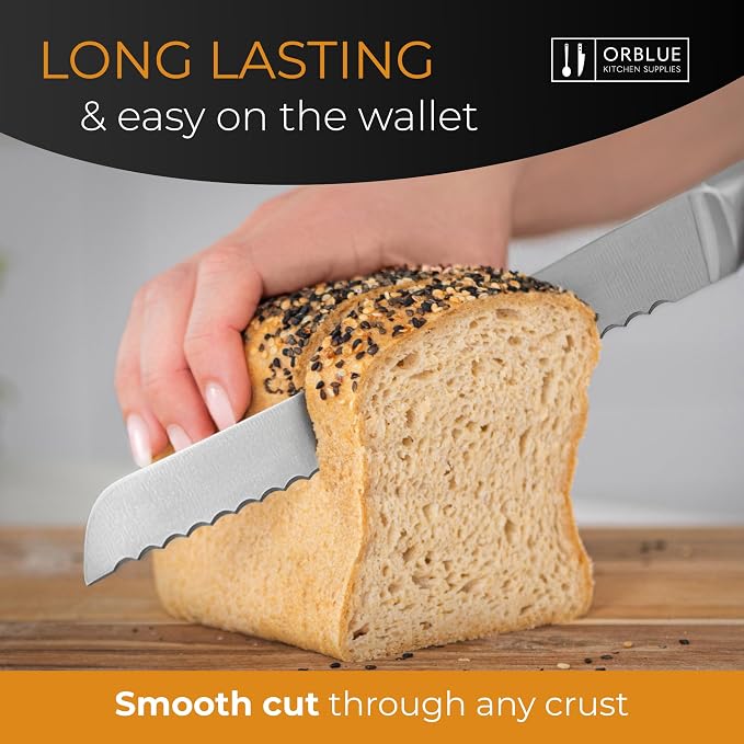 Orblue Serrated Bread Knife with Upgraded Stainless Steel Razor Sharp Wavy Edge Width - Bread Cutter Ideal for Slicing Homemade Bread, Bagels, Cake (8-Inch Blade with 5-Inch Handle) Green