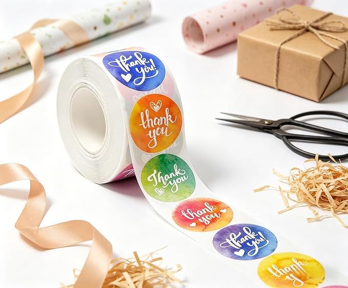 BLESS-VAST 500 PCS Thank You Stickers for Small Business - 1 Inch Colorful Decal Envelope Seal 8 Designs Vibrant Colors Labels for Baking Packaging Gift Bags Wraps Crafts (Watercolor)