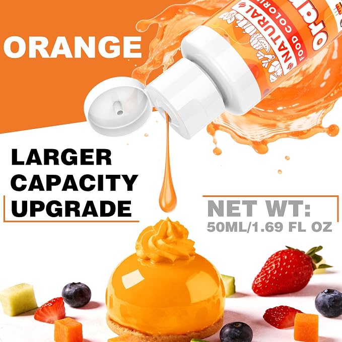 Orange Natural Food Coloring - 50ml Plant Based Food Dye, No FD&C & Artificial Dyes, Gluten-Free, Food-Grade, Vibrant Liquid Colors for Icing, Baking, Cake Decorating, Frosting, Fondant, Slime - 1.69 Fl.Oz Bottles